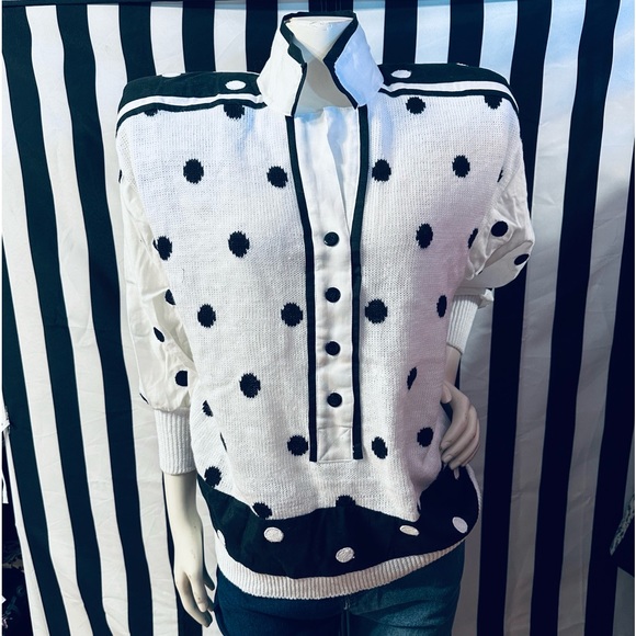 Side Effects 80s Vintage Cotton Knit / Linen Polka Dot Shoulder Pad Cardigan - Picture 7 of 8